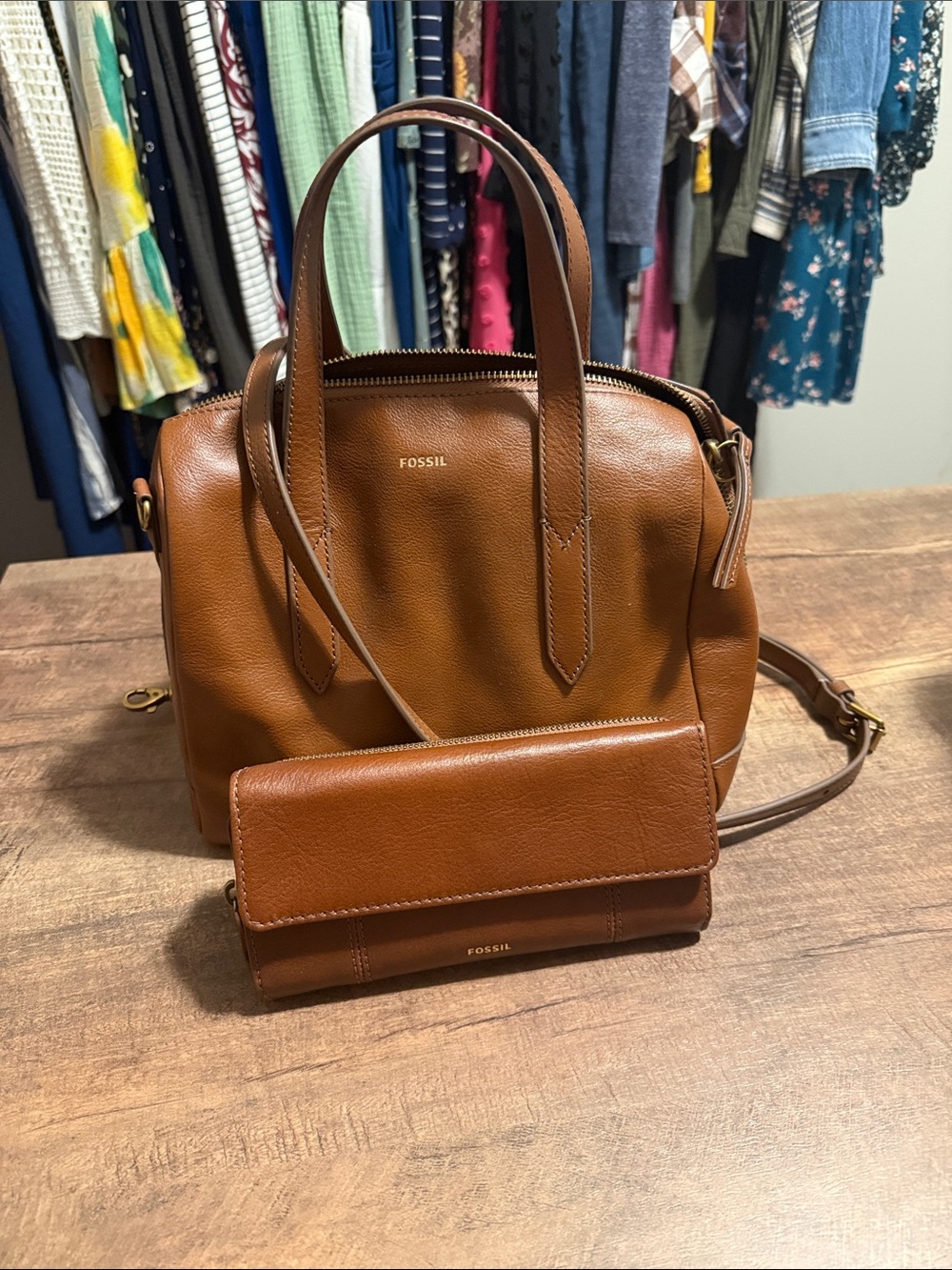 Fossil Chestnut Brown Leather Satchel with Matching Wallet